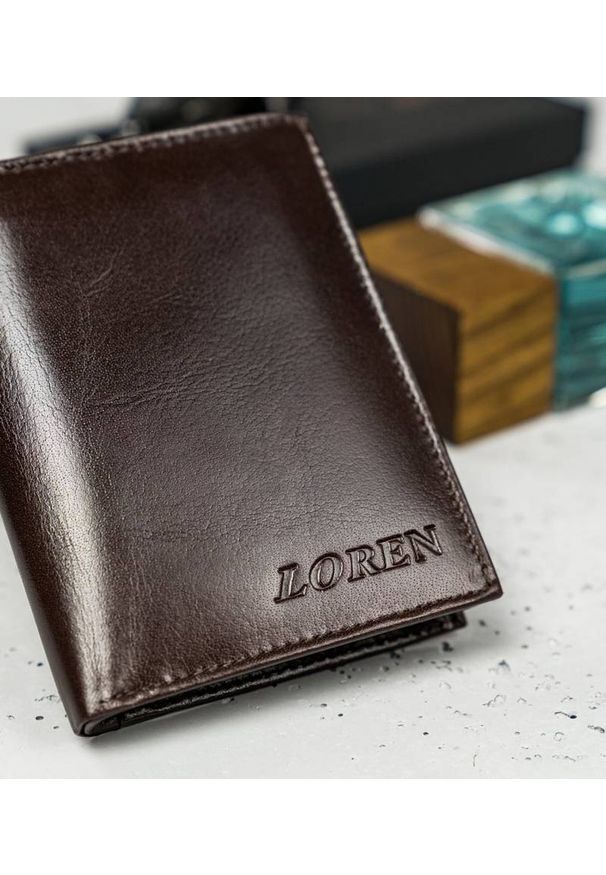 LOREN - Skórzany portfel męski Loren brązowy RM-03-BCF BROWN. Kolor: brązowy. Materiał: skóra