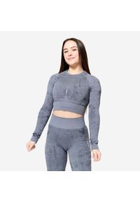 DOMYOS - Koszulka fitness damska Domyos długi rękaw. Kolor: szary. Materiał: materiał, poliamid, poliester, elastan. Długość rękawa: długi rękaw. Długość: długie. Sport: fitness