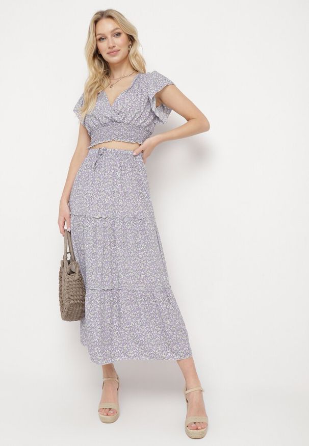 Born2be - Fioletowy Komplet Bluzka z Kopertowym Dekoltem i Rozkloszowaną Spódnicą Myxia. Kolor: fioletowy. Materiał: bawełna