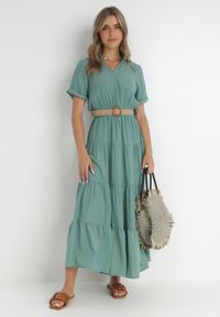 Born2be - Zielona Sukienka Granet. Kolor: zielony. Materiał: tkanina. Długość rękawa: krótki rękaw. Wzór: aplikacja, gładki. Typ sukienki: rozkloszowane. Styl: klasyczny, retro. Długość: maxi #6