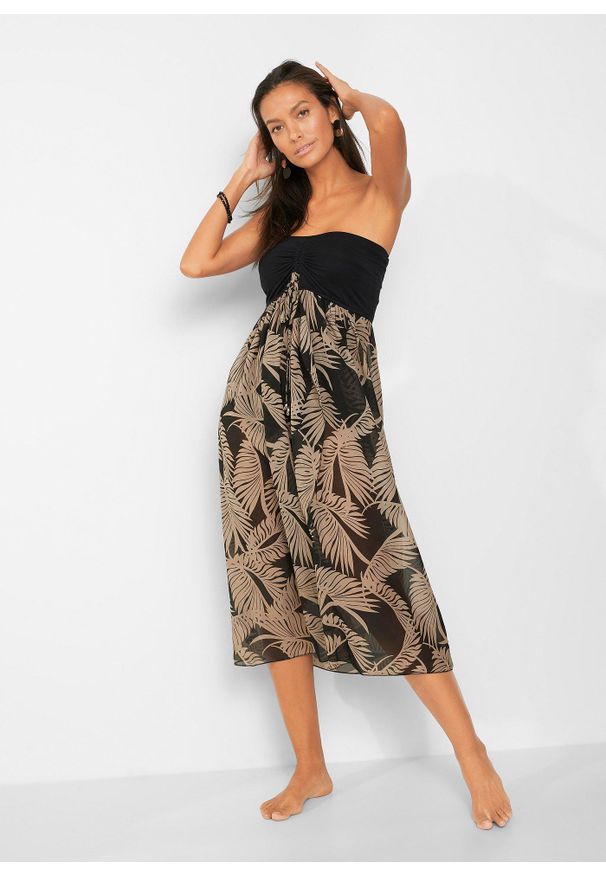 bonprix - Sukienka plażowa z szyfonu, z dekoltem bandeau. Okazja: na plażę. Kolor: czarny. Materiał: szyfon. Styl: elegancki