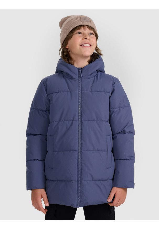 4f - 4F Kurtka puchowa z wypełnieniem syntetycznym chłopięca - granatowa 158 (12-13 lat). Okazja: na co dzień. Kolor: niebieski. Materiał: puch, syntetyk. Wzór: gładki. Sezon: lato. Styl: casual