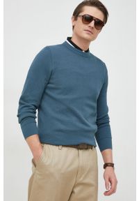BOSS sweter bawełniany męski kolor turkusowy lekki. Kolor: turkusowy. Materiał: bawełna. Długość rękawa: długi rękaw. Długość: długie. Wzór: gładki #1