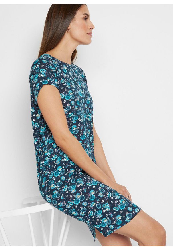 bonprix - Sukienka T-shirtowa z rozcięciami po bokach (2 szt.), z czystej bawełny. Kolor: niebieski. Materiał: bawełna. Długość rękawa: krótki rękaw