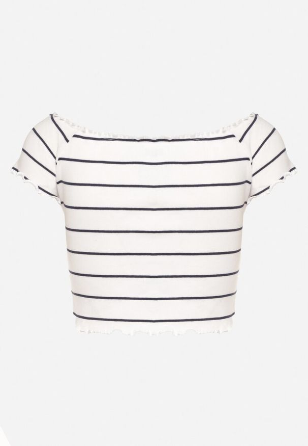 Born2be - Biały Top z Bawełny Typu Hiszpanka w Paski Lireena. Okazja: na co dzień. Typ kołnierza: dekolt hiszpanka. Kolor: biały. Materiał: bawełna. Wzór: paski. Sezon: wiosna. Styl: klasyczny, casual