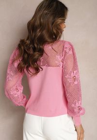 Renee - Różowy Koronkowy Sweter z Długim Rękawem Brinca. Kolor: różowy. Materiał: koronka. Długość rękawa: długi rękaw. Długość: długie. Wzór: jednolity #2