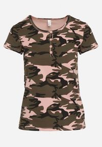 Born2be - Zielono-Różowy Bawełniany T-shirt w Moro Navaria. Okazja: na co dzień. Kolor: zielony. Materiał: bawełna. Wzór: moro. Styl: casual, militarny #4