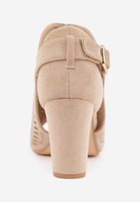 Renee - Beżowe Sandały Vices na Słupku z Ażurowym Wzorem Klamrą i Wycięciem Feliyra. Okazja: na co dzień. Nosek buta: otwarty. Zapięcie: klamry. Kolor: beżowy. Materiał: jeans, satyna. Wzór: ażurowy. Obcas: na słupku. Styl: elegancki, casual #7
