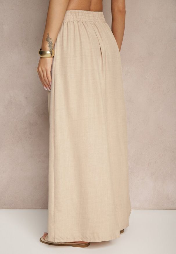 Renee - Beżowe Szerokie Spodnie High Waist Ozdobione Wiązaniem Telonia. Okazja: na co dzień. Stan: podwyższony. Kolor: beżowy. Wzór: aplikacja. Styl: casual, elegancki