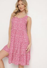 Born2be - Ciemnoróżowa Bawełniana Sukienka Bez Rękawów w Kolorowe Plamki Nattelle. Okazja: na co dzień. Kolor: różowy. Materiał: bawełna. Długość rękawa: bez rękawów. Wzór: kolorowy. Styl: elegancki, casual, klasyczny #6