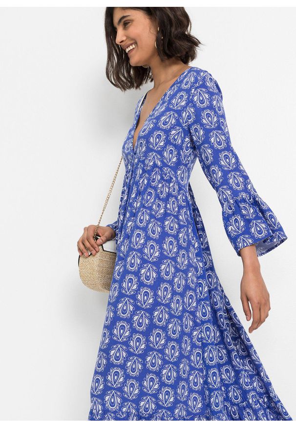 bonprix - Sukienka kaftanowa. Kolor: niebieski. Wzór: nadruk