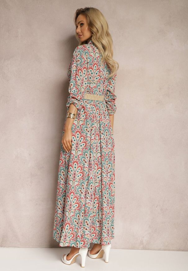 Renee - Zielono-Czerwona Koszulowa Sukienka z Dodatkowym Paskiem i Podpinanymi Rękawami Alonie. Kolor: czerwony. Typ sukienki: koszulowe