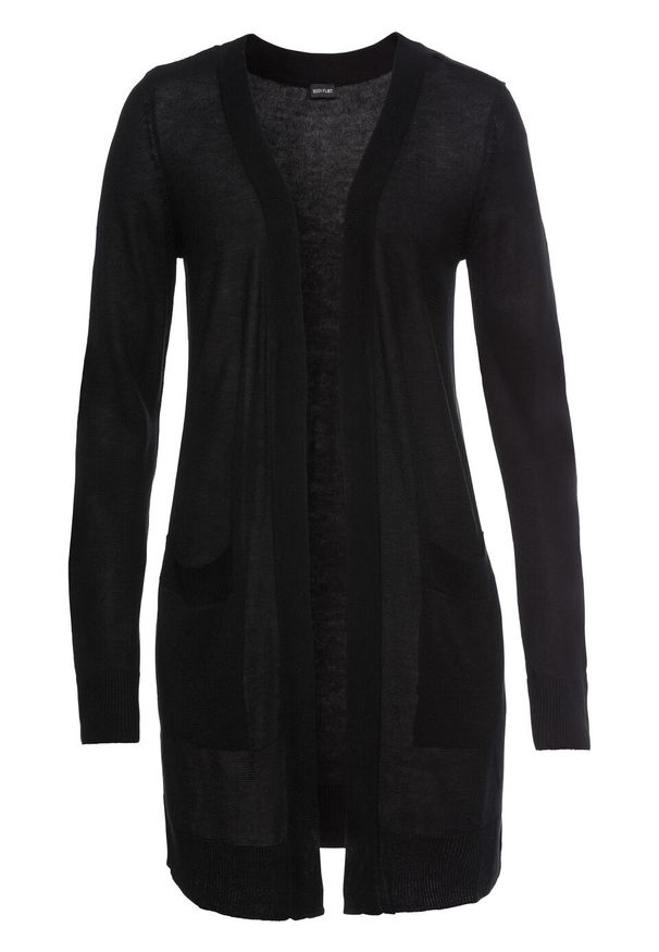 Długi sweter bez zapięcia bonprix czarny. Kolor: czarny. Materiał: materiał, wiskoza, akryl. Długość: długie. Wzór: prążki