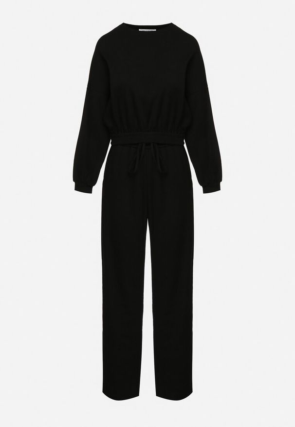 Born2be - Czarny Komplet Bawełniany Spodnie Szerokie ze Sznurkiem w Pasie i Bluza ze Ściągaczami Urionne. Kolor: czarny. Materiał: bawełna