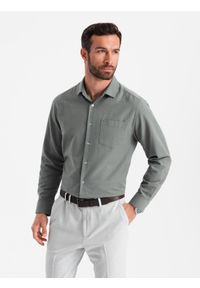 Ombre Clothing - Męska koszula z kieszenią REGULAR FIT - khaki V4 - Rozmiar: L. Kolor: brązowy. Materiał: poliester, bawełna. Długość rękawa: długi rękaw. Długość: długie