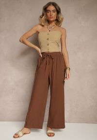 Renee - Brązowe Spodnie High Waist Szerokie z Bawełny Wiązane w Pasie z Gumką w Talii Yaslio. Okazja: na co dzień. Stan: podwyższony. Kolor: brązowy. Materiał: bawełna. Styl: casual, elegancki #5
