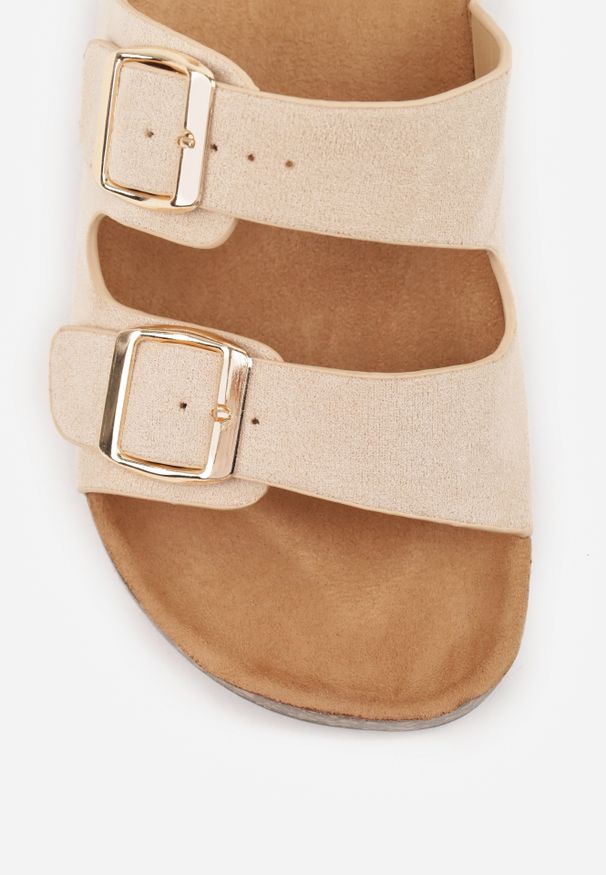 Renee - Beżowe Klapki z Dwiema Sprzączkami na Korkowej Podeszwie Alathena. Okazja: na spacer. Kolor: beżowy. Materiał: len