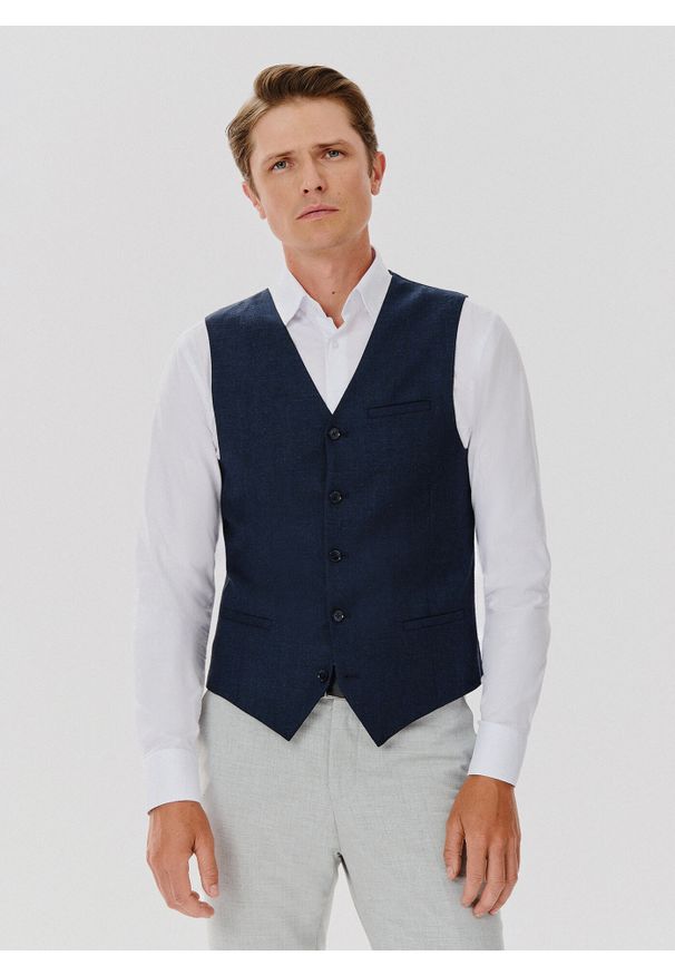 Pako Lorente - PAKO LORENTE – Jednorzędowa kamizelka męska w kolorze granatowym. Kolor: niebieski. Materiał: elastan, poliamid, len, bawełna, wełna