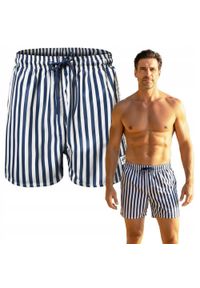 Męskie Spodenki Plażowe (Kąpielowe) - Pako Jeans - Granatowe w Prążek. Kolor: niebieski. Materiał: poliester. Wzór: prążki #5