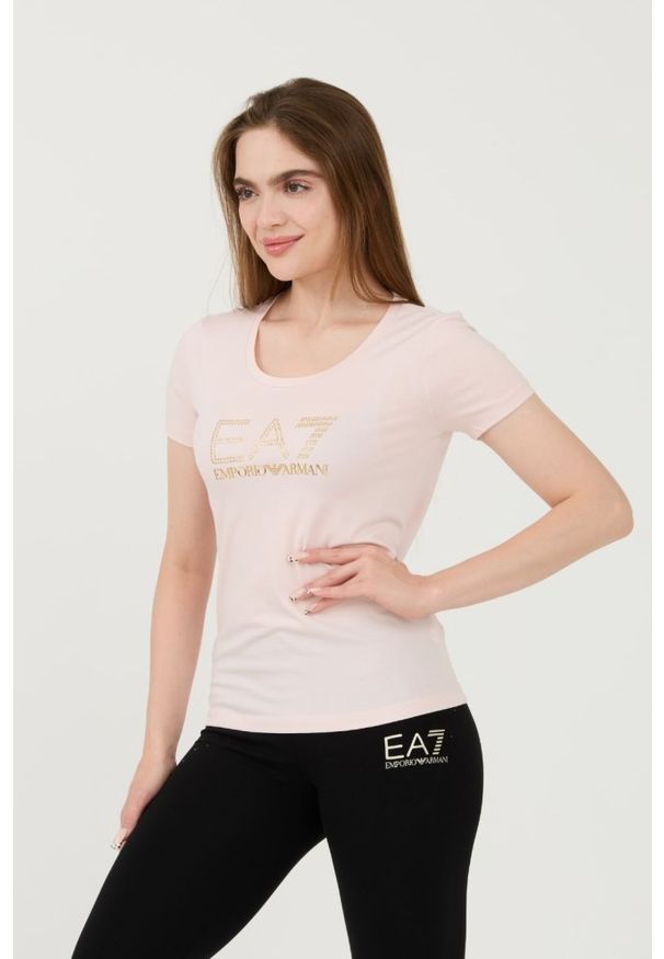 EA7 Emporio Armani - EA7 Różowy t-shirt z cyrkoniami. Kolor: różowy