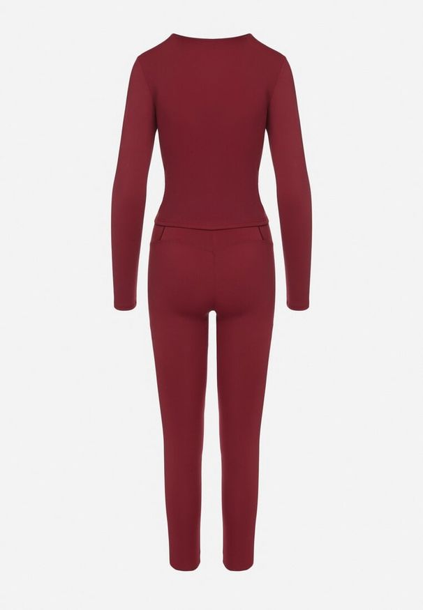 Born2be - Bordowy Komplet Sportowy Legginsy i Bluzka z Długim Rękawem Toretta. Kolor: czerwony. Wzór: aplikacja