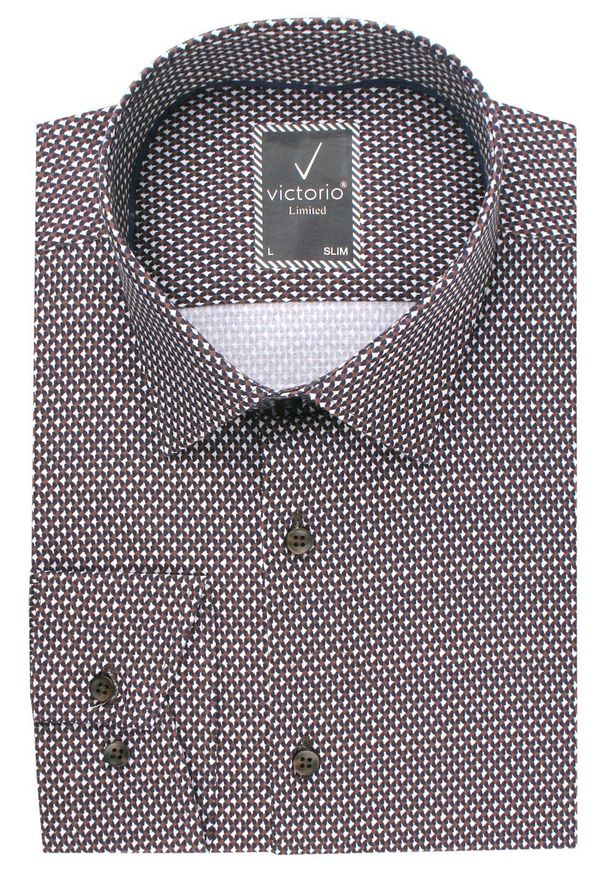 Taliowana Koszula Męska - Victorio - Drobny Wzór, Brązowa. Kolor: brązowy, wielokolorowy, beżowy. Materiał: bawełna, elastan. Styl: elegancki
