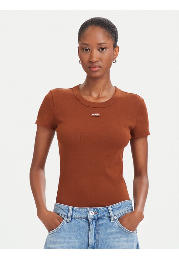 Hugo - HUGO T-Shirt Easy 50523924 Brązowy Slim Fit. Kolor: brązowy. Materiał: bawełna