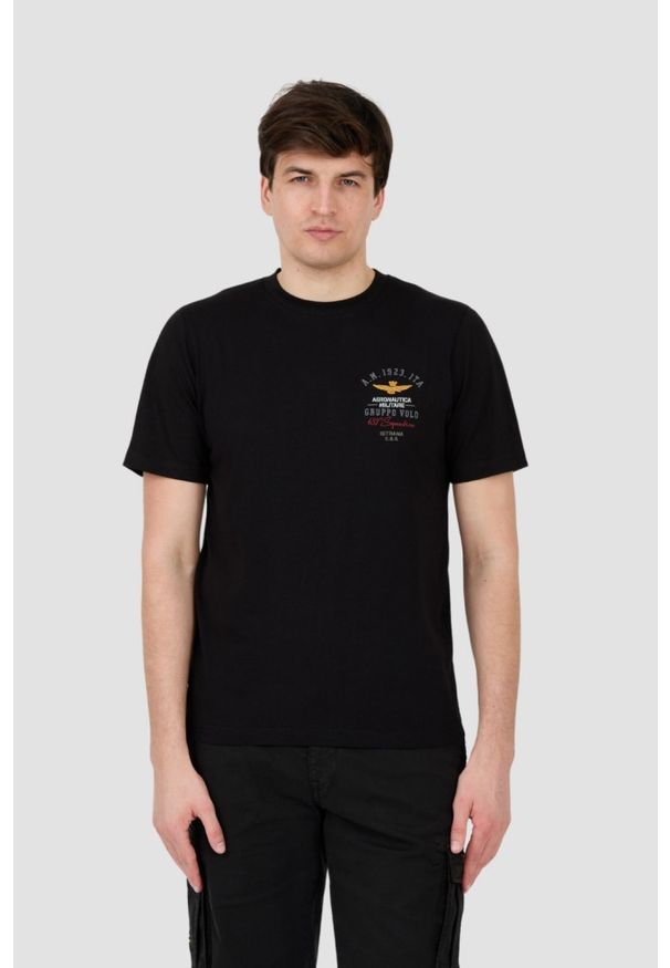 Aeronautica Militare - AERONAUTICA MILITARE Czarny bawełniany męski t-shirt Short Sleeve, Rozmiar XXL. Kolor: czarny. Materiał: bawełna