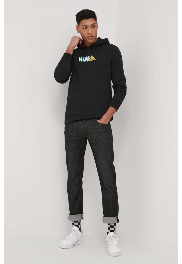 HUF Bluza męska kolor czarny z kapturem z aplikacją. Okazja: na co dzień. Typ kołnierza: kaptur. Kolor: czarny. Wzór: aplikacja. Styl: casual