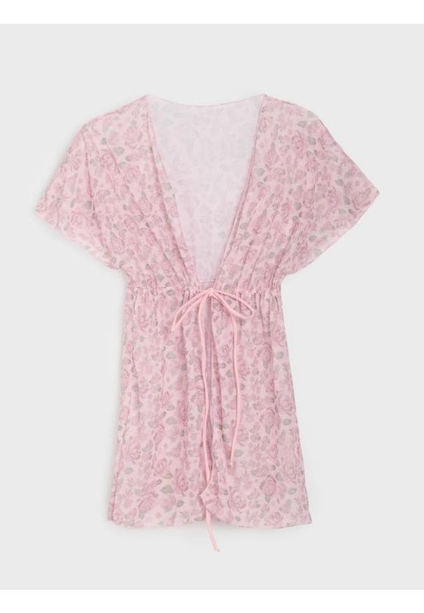 Sinsay - Ponczo plażowe z wiązaniem w kwiatki - różowy. Kolor: różowy. Wzór: kwiaty