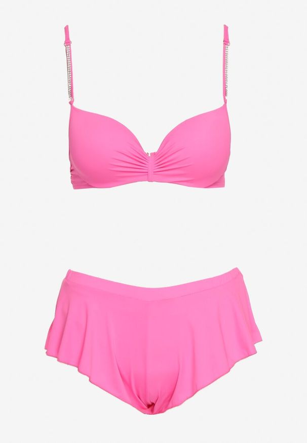 Born2be - Różowe Bikini Góra z Regulowanymi Ramiączkami Ozdobionymi Cyrkoniami z Elastycznym Dołem w Zestawie Spodenki Kąpielowe z Gumką w Pasie Quilalia. Kolor: różowy. Wzór: aplikacja