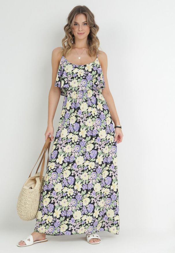 Born2be - Fioletowo-Żółta Sukienka Bawełniana w Kwiaty z Falbanką Janellie. Kolor: fioletowy. Materiał: bawełna. Długość rękawa: na ramiączkach. Wzór: kwiaty. Styl: wakacyjny. Długość: maxi