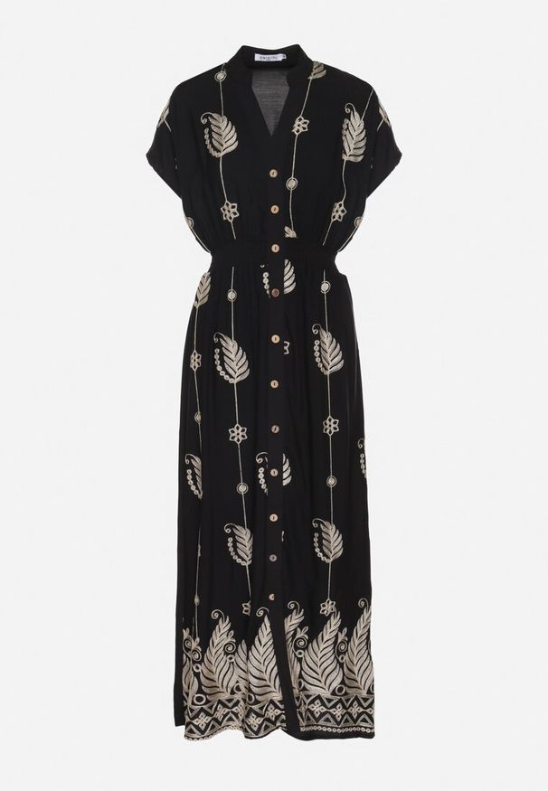 Born2be - Czarna Koszulowa Sukienka z Bawełną Ozdobiona Metaliczną Nicią Tirlio. Okazja: na spacer, na co dzień. Kolor: czarny. Materiał: bawełna. Wzór: aplikacja. Typ sukienki: koszulowe. Styl: elegancki, casual, klasyczny