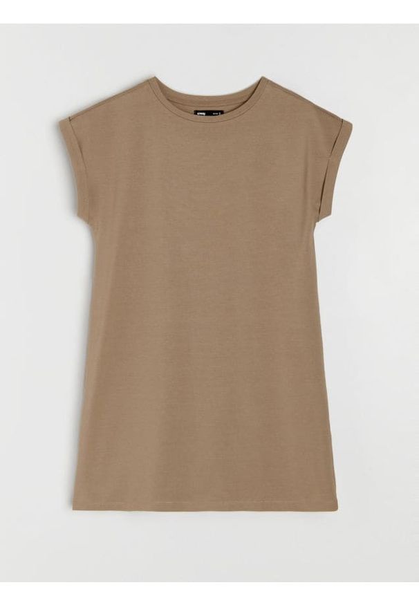 Sinsay - Bawełniana sukienka mini z krótkim rękawem - beżowy. Kolor: beżowy. Materiał: bawełna. Długość rękawa: krótki rękaw. Długość: mini