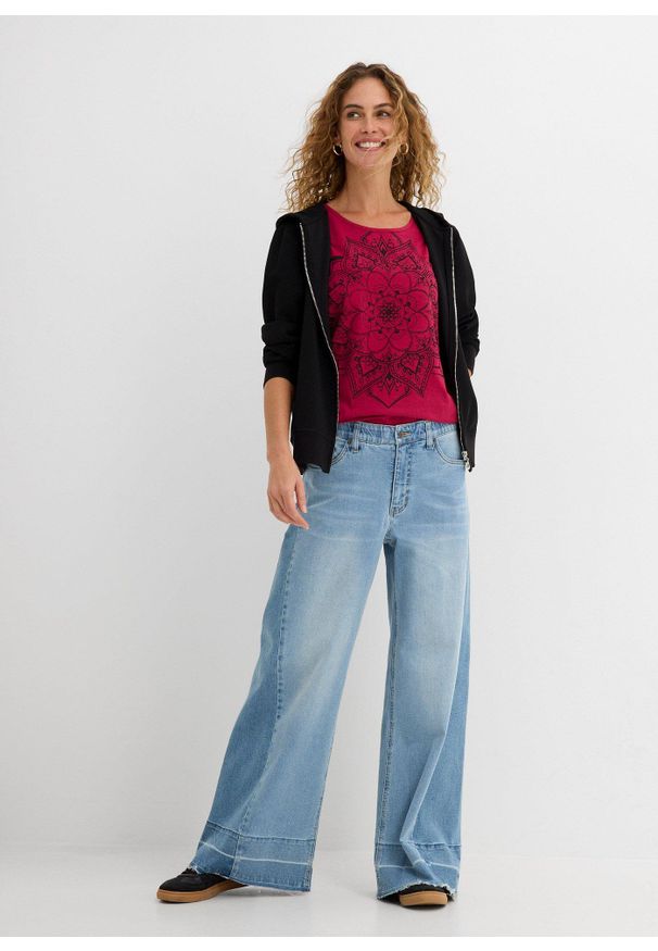 bonprix - Shirt z przędzy mieszankowej, krótki rękaw. Kolor: różowy. Długość rękawa: krótki rękaw. Długość: krótkie. Wzór: nadruk