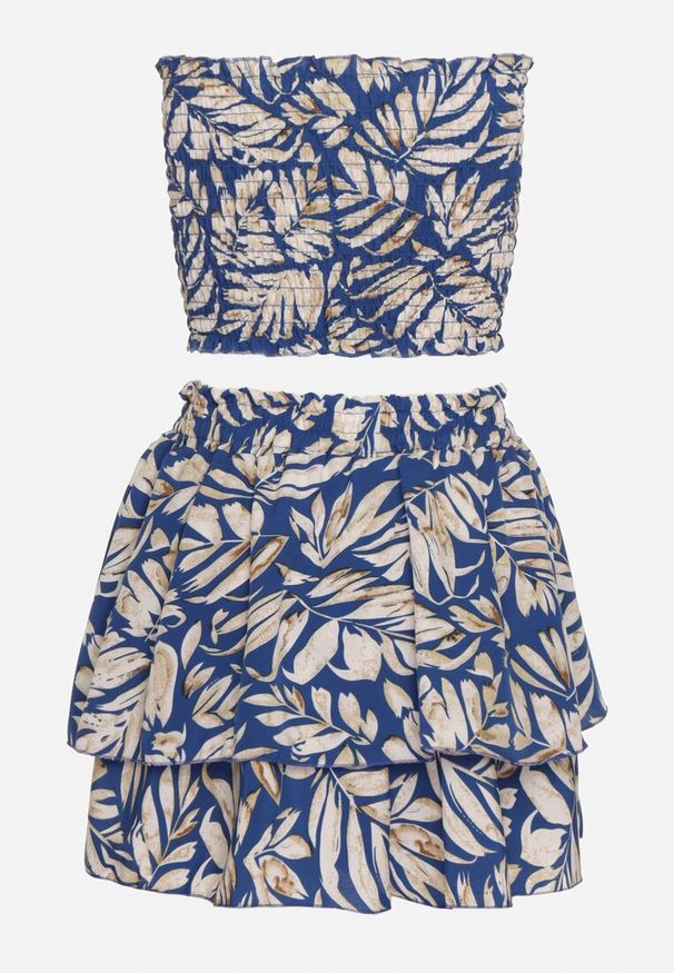 Born2be - Granatowy Komplet 2-Częściowy Krótki Top bez Rękawów Szorty z Gumką w Pasie i Falbanką Riloa. Kolor: niebieski