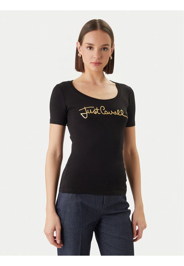 Just Cavalli T-Shirt 80PAHT02 CJ502 Czarny Slim Fit. Kolor: czarny. Materiał: bawełna