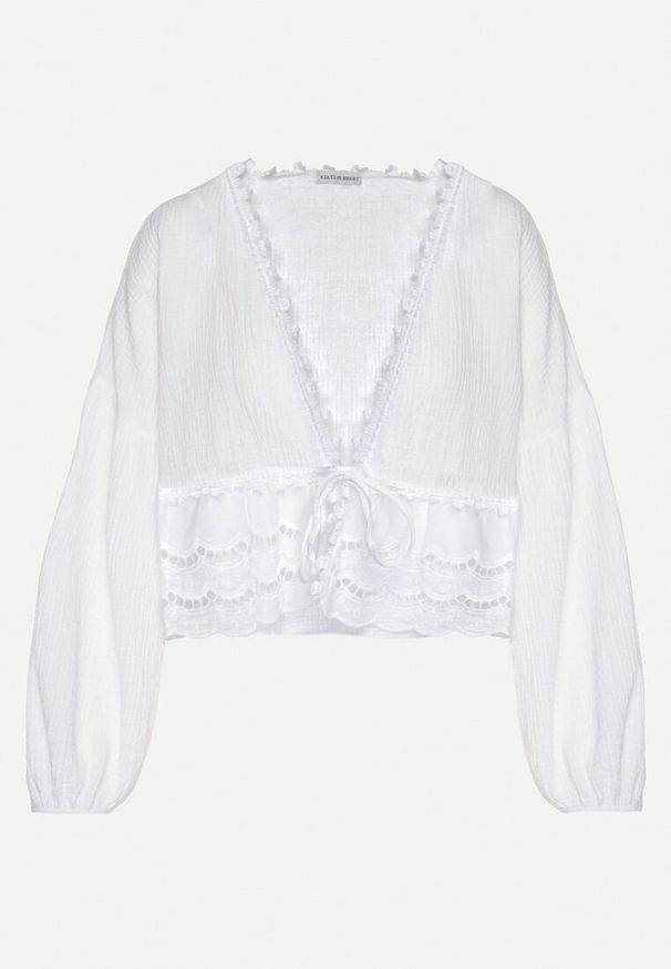 Born2be - Biała Bawełniana Bluzka z Ażurowymi Zdobieniami i Wiązaniem Galondra. Okazja: na co dzień, na imprezę. Typ kołnierza: dekolt w serek. Kolor: biały. Materiał: bawełna. Długość rękawa: długi rękaw. Długość: długie. Wzór: aplikacja, ażurowy. Styl: casual, elegancki