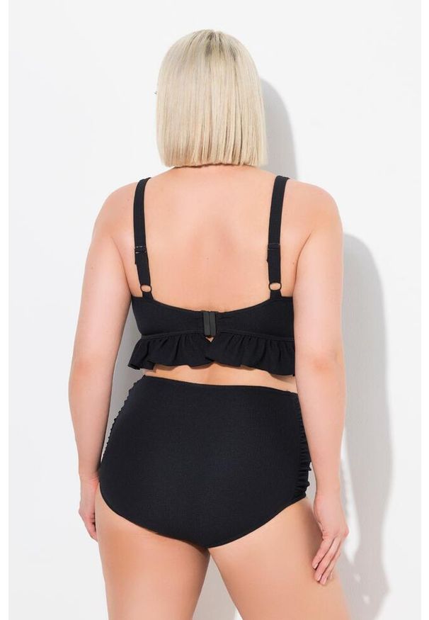 ULLA POPKEN - Damskie Bikini faktura falbana miękkie miseczki regulowane ramiączka. Kolekcja: plus size. Kolor: czarny. Materiał: elastan, poliester, materiał