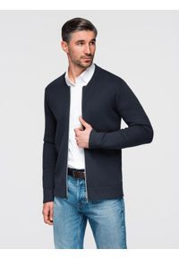 Ombre Clothing - Sweter męski gładki na zamek – granatowy V1 - Rozmiar: S. Okazja: na co dzień. Kolor: niebieski. Materiał: jeans, poliamid, poliester, jersey, dzianina, wiskoza. Wzór: gładki. Styl: casual