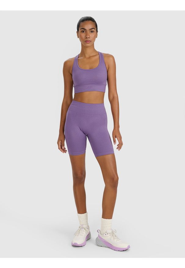 4f - 4F Legginsy kolarki treningowe bezszwowe damskie - fioletowe XS/S. Stan: podwyższony. Kolor: różowy. Materiał: dzianina, włókno, syntetyk, materiał, elastan. Wzór: gładki, ze splotem. Sport: fitness