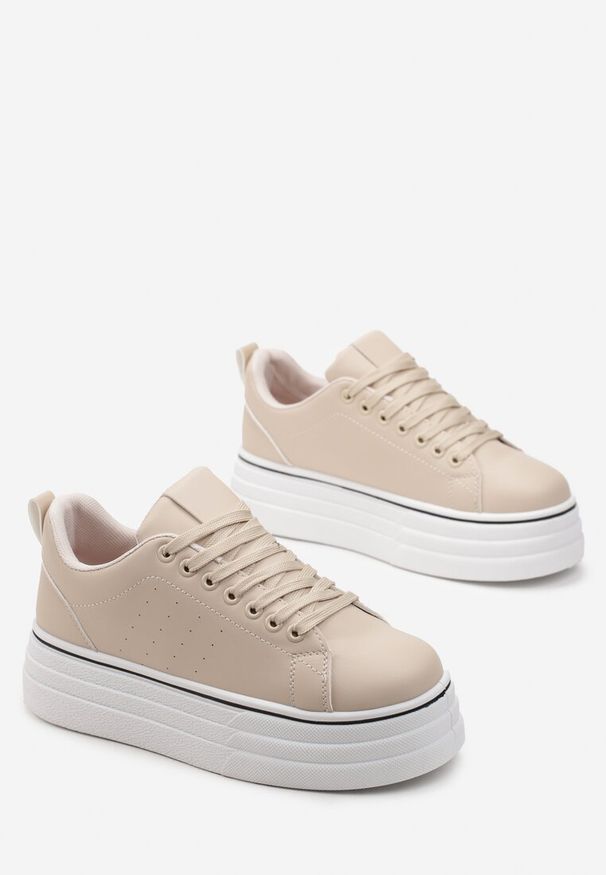Born2be - Beżowe Sneakersy na Platformie z Ekoskóry ze Sznurowaniem Hionusa. Okazja: na co dzień. Kolor: beżowy. Obcas: na platformie