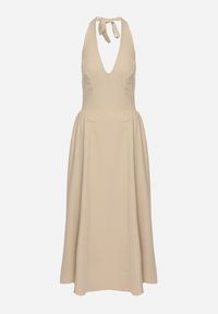 Born2be - Beżowa Sukienka o Rozkloszowanym Kroju z Wiązanym Dekoltem Halter Senicea. Okazja: na co dzień, na spacer. Typ kołnierza: dekolt halter. Kolor: beżowy. Typ sukienki: proste. Styl: casual #4