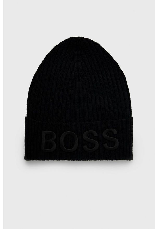 BOSS - Boss Czapka wełniana kolor czarny. Kolor: czarny. Materiał: wełna. Wzór: ze splotem