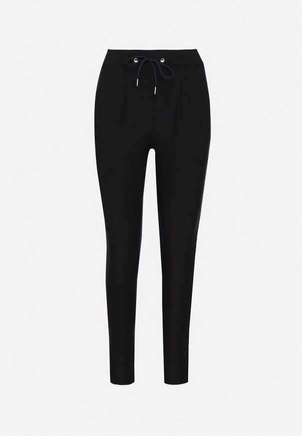 Born2be - Granatowe Spodnie o Dopasowanym Kroju z Wysokim Stanem i Wiązaniem Virpio. Okazja: na co dzień. Stan: podwyższony. Kolor: niebieski. Materiał: jedwab. Wzór: aplikacja. Styl: casual, klasyczny