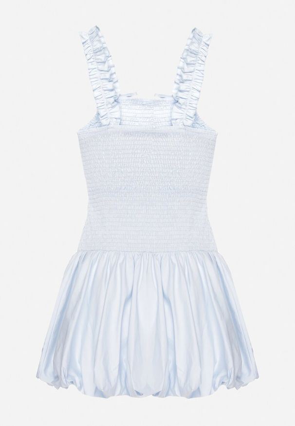 Born2be - Jasnoniebieska Bawełniana Sukienka Bombka na Ramiączkach z Elastyczną Górą Linarisena. Okazja: na co dzień, na imprezę. Typ kołnierza: kokarda. Kolor: niebieski. Materiał: bawełna. Długość rękawa: na ramiączkach. Typ sukienki: bombki. Styl: casual, elegancki