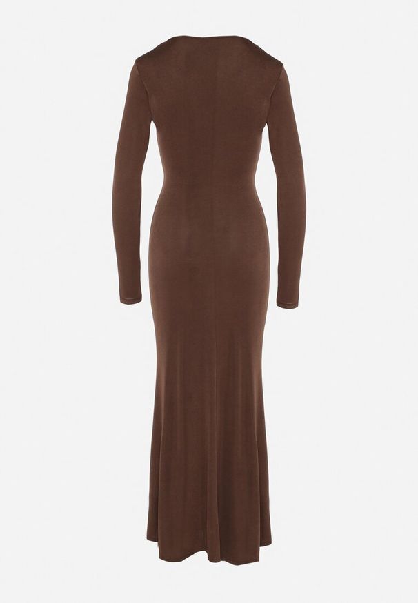 Born2be - Brązowa Sukienka Koktajlowa z Biżuteryjną Aplikacją i Długim Rękawem Idivianne. Kolor: brązowy. Długość rękawa: długi rękaw. Wzór: aplikacja. Typ sukienki: dopasowane. Styl: wizytowy