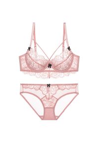 Intica - Koronkowy komplet bielizny ze strapsami na specjalne okazje Ralica. Kolor: różowy. Materiał: koronka. Wzór: aplikacja, paski, koronka