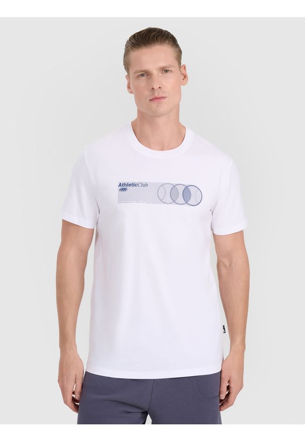 4f - 4F T-shirt regular z nadrukiem męski - biały XL. Okazja: na co dzień. Kolor: biały. Materiał: jersey, bawełna, materiał. Długość rękawa: krótki rękaw. Długość: krótkie. Wzór: nadruk. Styl: casual, klasyczny, sportowy