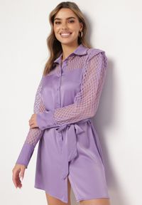 Born2be - Fioletowa Koszulowa Mini Sukienka z Materiałowym Paskiem i Siateczką w Górnej Części Gudris. Kolor: fioletowy. Materiał: materiał. Typ sukienki: koszulowe. Długość: mini #5